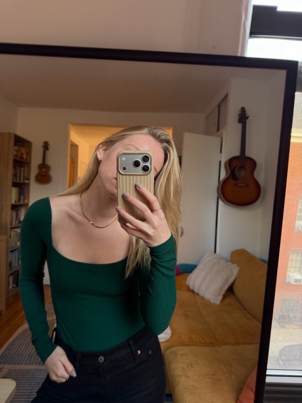 Reformation Green Scoop Neck Ribbed bodysuit
